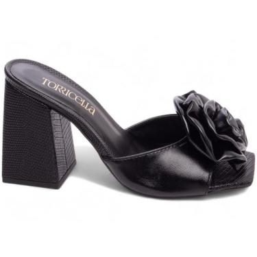 Imagem de Sandália Tamanco Feminino Salto Cor Preto com Detalhes Flor - Torricel