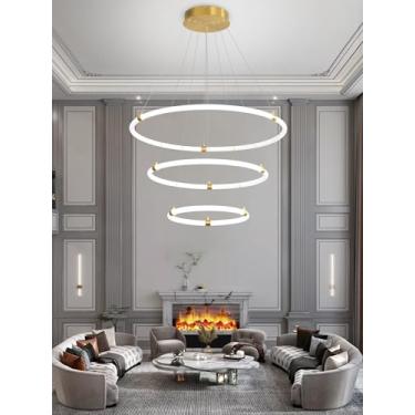 Imagem de ABTTOI Lustre Moderno Dourado De 3 Anéis Para Sala De Estar, Luminária Pendente Regulável Com Cúpula De Acrílico, Lustre Led Com Controle Remoto D15,7'' + D23,6'' + D31,4''