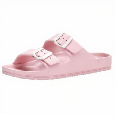 Imagem de Temi Sandálias femininas deslizantes com fivelas duplas ajustáveis e suporte de arco médio - Sapatilhas de EVA confortáveis para o verão na praia e piscina para mulheres, Cinza, 34