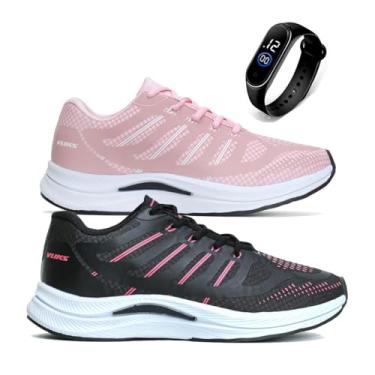 Imagem de Kit 2 Tenis Feminino Academia Caminhada Leve Confortavel Vuks com Relógio Digital (Preto e Rosa, BR, Adulto, Numérico, 39)