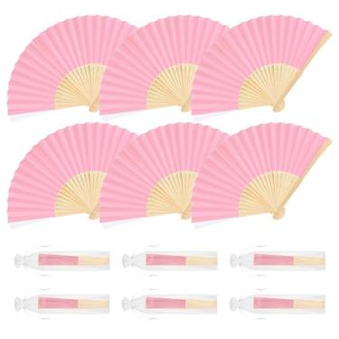 Imagem de BOUBONI 6 peças de leques dobráveis de bambu rosa de mão, ventiladores de papel dobráveis para mulheres, meninas, casamento, decoração faça-você-mesmo, igreja, casa, lembrancinhas de festa de verão
