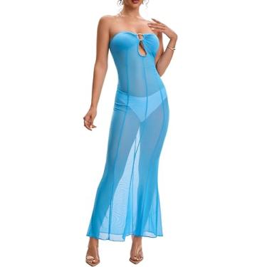 Imagem de AGOSAK Vestido maxi de malha transparente para mulheres, 2025, azul real, transparente, colado ao corpo, tubo, vestido longo, coquetel, casamento, convidada, clube, festa, verão