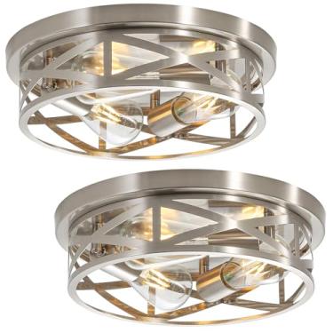 Imagem de WYNEYET Pacote Com 2 Luminárias Embutidas No Teto, Luminária De Teto De Níquel Escovado Com 3 Luzes Embutidas, Luminária De Teto Semi-Embutida Com Gaiola De Metal Interna De 13 Polegadas Para Casa,