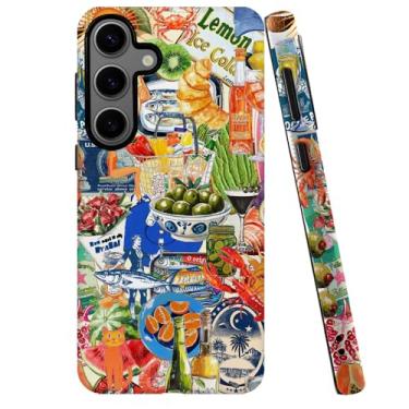 Imagem de DJSOK Compatível com Samsung Galaxy S24 Plus, capa fosca de policarbonato antiarranhões à prova de choque - Colagem retrô europeia de frutas e peixes