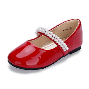 Imagem de Sapato social infantil infantil para meninas da Hehainom, sapatilha bailarina bailarina para casamento com alça de pérolas, Red Patent, 6 Toddler