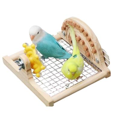Imagem de Plataforma para brincar de pássaros com malha de ferro para facilitar a limpeza, parquinho de madeira para pássaros com rolhas e roda giratória, brinquedo interativo de papagaio e brinquedos de