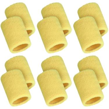 Imagem de 12 pulseiras esportivas esportivas absorventes de pulso para crianças, mulheres e homens, faixa de suor para tênis, basquete, futebol, corrida, ginástica, golfe, malhar (amarelo)