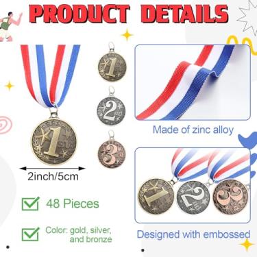 Imagem de RoundFunny 48 medalhas de prêmio 1º 2º 3º lugar medalhas para vencedor de prêmios, medalha de ouro prata bronze com fita de pescoço troféu prêmio para competições esportivas festa 5 cm (estilo estrela