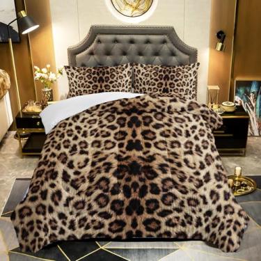 Imagem de QOOMO Conjunto de edredom casal com estampa de leopardo, 3 peças, guepardo para adolescentes, meninos e meninas, edredom com estampa de leopardo marrom com 2 fronhas, macio e leve