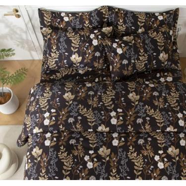 Imagem de SDY Jogo de lençol com edredom floral solteiro, preto vintage de microfibra e respirável, com edredom, lençol de cima, lençol com elástico, fronhas e fronhas para crianças