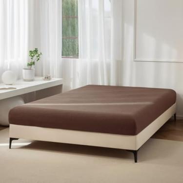 Imagem de JIYUAN 1 lençol com elástico 100% algodão lavado, lençol de baixo com bolso profundo para colchão de até 43 cm, confortável e respirável para todas as estações, tamanho casal, marrom chocolate
