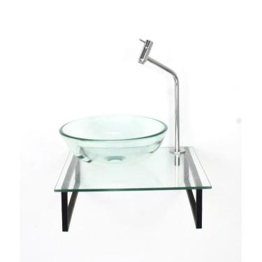 Imagem de Kit Cuba Vidro Redonda 10Mm Tampo 40Cm Incolor E Suporte