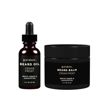 Imagem de Pacote de óleo e bálsamo para barba Golden Grooming para homens | Kit de crescimento natural com manteiga de karité | Bálsamo de 60 ml e óleo de 30 ml | Cedro Frost