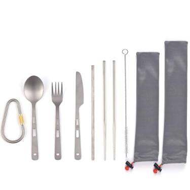 Imagem de Ti talheres conjunto de titânio colher faca pauzinhos de palha de palha