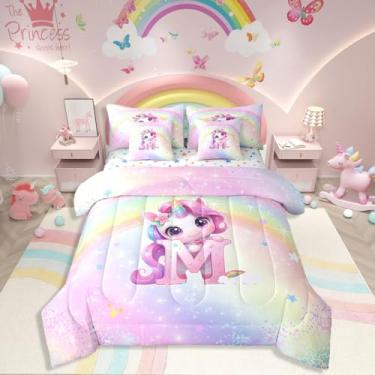 Imagem de Jogo de cama solteiro de unicórnio para meninas, 7 peças, edredom de unicórnio rosa arco-íris, galáxia, estrelas, gradiente, com glitter, para decoração de quarto de princesa, kawaii, alfabeto fofo