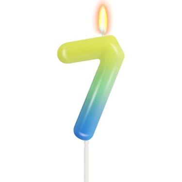 Imagem de Velas de aniversário para meninas, meninos, azul, verde, gradiente, número 7, para decoração de bolo com tema mágico, decoração de festa de aniversário de desenho animado