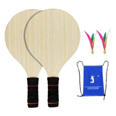 Imagem de Colaxi Conjunto de 2 peças de raquetes de badminton de madeira, conjunto profissional de exercícios e atividades esportivas, peteca e raquete para atividades, 2 Bolas Pequenas