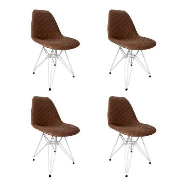 Imagem de Kit 4 Cadeiras Jantar Estofadas Caramelo Eiffel Eames Base Ferro Branc