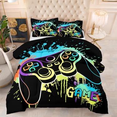 Imagem de Yadangxiawa Jogo de cama com estampa gamepad para meninos, solteiro, gamepads com colcha e fronha (almofada de jogo solteiro)