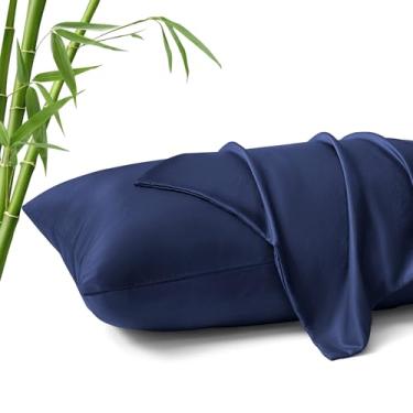 Imagem de MR&HM Pacote com 2 fronhas tamanho Queen, poliéster e raiom derivados de fronhas refrescantes de bambu, respirável e absorvente de umidade, fronhas com fecho de envelope macio e sedoso (azul marinho