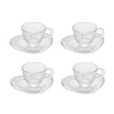 Imagem de Cj 4 Xícaras P/Café C/Pires de Cristal C/Formato Coração Pearl Bolinha Transparente 85ml Wolff