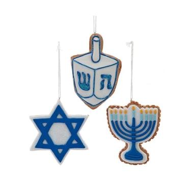 Imagem de The Bridge Collection Conjunto de 3 enfeites de Hanukkah – Decorações estilo biscoito com menorá, estrela de Davi e Dreidel – decoração de feriado judaico com detalhe de glitter