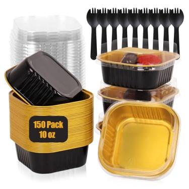 Imagem de Pacote com 150 mini formas de bolo quadradas de 293 ml com tampas, copos quadrados de folha de alumínio para brownie, ramequins descartáveis, seguros para forno