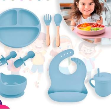 Imagem de Kit Introdução Alimentar Bebê 8 Peças em Silicone | Livre de BPA e Atóxico | Colher, Garfo, Copinho, Pote e Pratinho | Linha Premium Azul