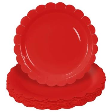 Imagem de HEIPINIUYE 25 peças de pratos de papel vermelho 23 cm pratos vermelhos recortados prato de jantar descartável para casamento, chá de bebê, aniversário, festa de Natal, prato de sobremesa