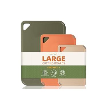 Imagem de THETCHRY Conjunto de tábua de corte de plástico, tábuas de corte para cozinha, sem BPA, conjunto de 3 tábuas de cortar grandes-pequenas para cozinhar, acampamento, lava-louças, reversível, com alça de