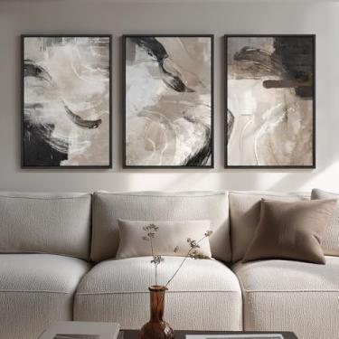 Imagem de Arte de parede abstrata neutra emoldurada, pinturas minimalistas modernas de 3 peças para paredes, preto bege marrom imagens em tom neutro para sala de estar, sala de jantar, quarto, decoração de