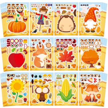 Imagem de Aowplc 48 folhas de adesivos de outono Make a Face, 12 designs divertidos de artesanato de outono para crianças, lembrancinhas de festa de festival de outono, atividades em sala de aula e jogos