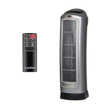 Imagem de Lasko Aquecedor de torre de cerâmica digital oscilante para casa com termostato ajustável, temporizador e controle remoto, 58 cm, 1500 W, prata, 755320