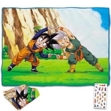Imagem de Dragon Ball Z Conjunto de cobertor – Pacote com cobertor de anime de lã macia com Goten, Trunks Plus adesivos para crianças, adultos e adolescentes | Cobertor de lã Dragon Ball aconchegante 114 cm x