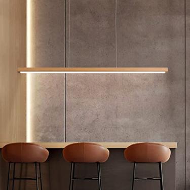 Imagem de Luminária pendente de madeira LED Luminária pendente moderna com design linear regulável com controle remoto Luminária pendente para mesa de jantar Altura ajustável Sala de jantar Escritório
