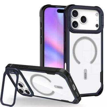 Imagem de LYJSMGZ Capa translúcida para iPhone 17Pro Max/17/17Pro/17Air, proteção magnética contra quedas de nível militar, capa fina antiamarelamento com suporte, preta, 17