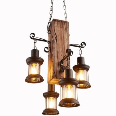 Imagem de Lustre de madeira vintage estilo industrial luz pendente para mesa de jantar ilha de cozinha restaurante e bar luminária retrô artesanal (tamanho médio)