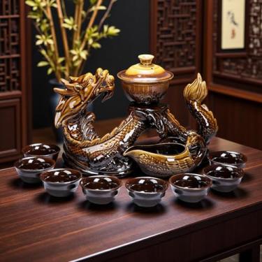 Imagem de Conjunto de chá chinês Gongfu – Bule de cerâmica com infusor, 8 xícaras, design de dragão semiautomático para chá de folhas soltas