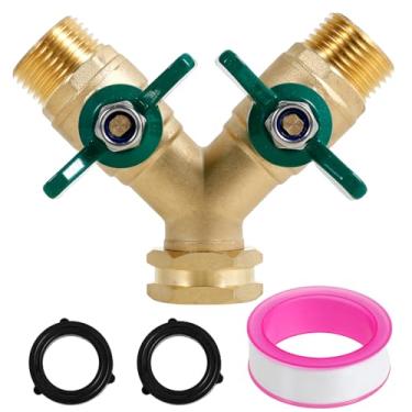 Imagem de Divisor de mangueira de jardim de latão fluxo total para irrigação ao ar livre adaptador de torneira de válvula Y resistente divisor de torneira de 2 vias com anel de fita O (amarelo - verde)