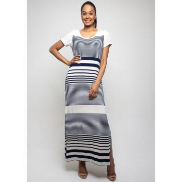 Imagem de Vestido Longo Pau a Pique Listrado Bege e Azul Marinho