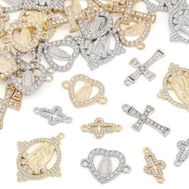 Imagem de Cheriswelry 40 peças, cruz virgem, strass, conector, berloques, coração, oval, cruz, berloques, pingentes de platina, elos dourados, pingentes para artesanato DIY, colar, brinco, joias, 17,5 a 32,5 mm