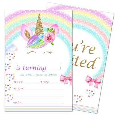 Imagem de 20 cartões de convite de aniversário de unicórnio mágico - Let's Play Convites coloridos de unicórnio com envelopes - Dois lados preenchem estilo lembrancinha de festa e suprimentos