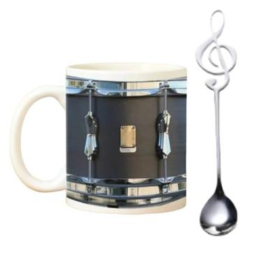 Imagem de Xícara de café de tambor realista engraçada com colher caneca de tambor vintage copo de água de cerâmica padrão transparente exclusivo (branco e colher)