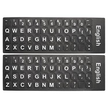 Imagem de Adesivos de teclado ingleses, pacote com 2 capas de substituição de teclado universal fosco para notebook, fundo preto, letras brancas