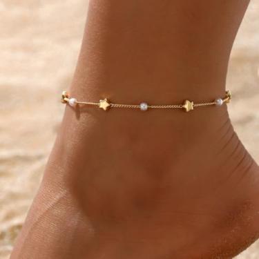 Imagem de Tornozeleiras femininas delicadas à prova d 'água tornozeleira corrente de elos cubanos tornozeleiras em camadas coração contas strass joia moderna para pés, Medium, Latão, Sem Pedra Preciosa