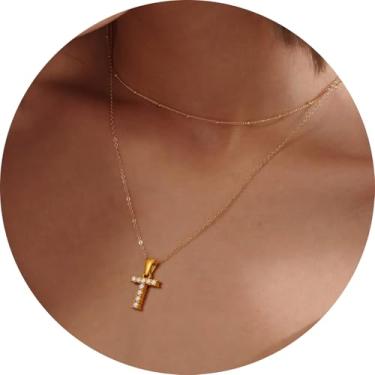 Imagem de Colar feminino com inicial CZ em camadas, pingente delicado de letra A a Z, joia banhada a ouro de corrente dupla, presente personalizado, 14+2in/16+2in, Aço inoxidável, Sem Pedra Preciosa