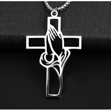 Imagem de Colar masculino com pingente de cruz de mãos rezando de aço inoxidável, joia religiosa para presente