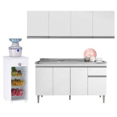 Imagem de Balcão De Pia Tatiane 145 Cm E Armário Aéreo Andréia 4 Portas 160 Cm Com Fruteira Monalise Branco Brilho – Ajl