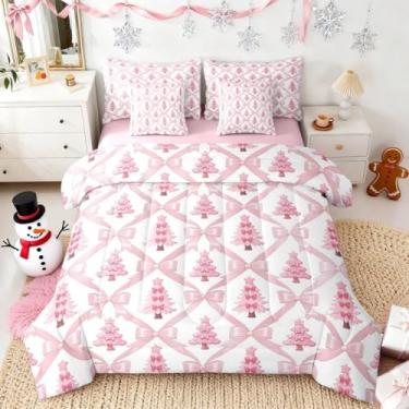 Imagem de Manfei Conjunto de cama solteiro de árvore de Natal, 7 peças, laço de princesa rosa com laço cruzado com lençol para crianças, para inverno, ano novo, romântico, conjunto de cama de Natal em uma bolsa