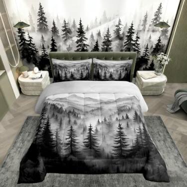 Imagem de Erosebridal Conjunto de edredom King, floresta cinza, pinheiro, floresta, rústico, para crianças, meninos, adultos, homens, conjunto de edredom retrô com paisagem natural e selva, 3 peças